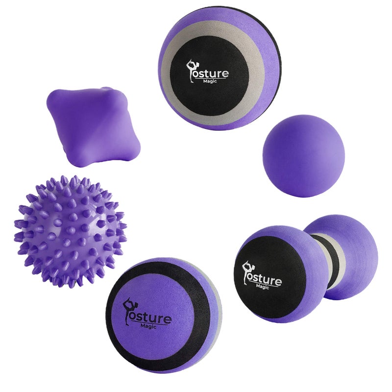 Posture Magic Massage Ball Kit for Myofascial Trigger Point Release & Deep Tissue Massage - Set of 6 - Large Foam/Small Foam/Lacrosse/Peanut/Spiky/Hand Exercise Ball (Purple) - Image 1